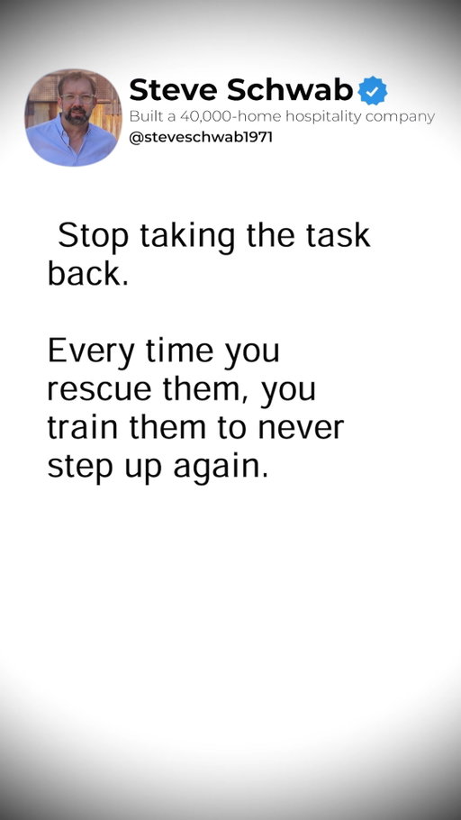 Stop taking the task back. 

Every time you step in to rescue a team member, you train them to rely on you instead of solving the problem themselves. Rescuing employees breaks accountability and signals that they don't need to step up when execution gets difficult.

How to break the rescue cycle:

1. Coach, Don't Catch: Guide them through finding the solution rather than taking the wheel.

2. Build Ownership: Allow your team to feel responsible for the process and the final result.

3. Protect Team Growth: Let them work through operational friction so they gain true competence.

Stop rescuing your team and start empowering them to step up.

Bigger isn't the win. Better is.

Follow @steveschwab1971 for more hospitality and leadership insights.

#HospitalityLeadership #LeadershipCoaching #WorkplaceCulture