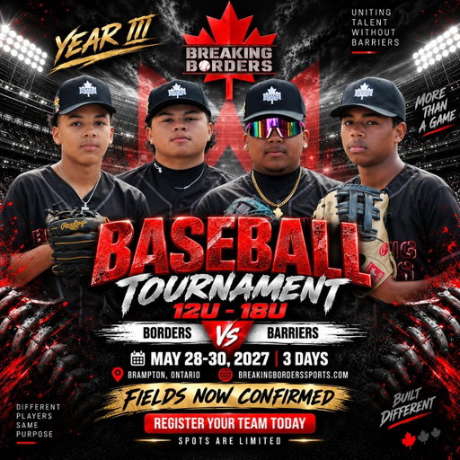 YEAR III IS OFFICIALLY IN MOTION. ⚾️🌎🔥

Breaking Borders is back in Brampton, Ontario, May 28 to 30, 2027, and this year is already shaping up to be something special.

🌎 International teams joining us from:
🇩🇴 Dominican Republic
🇨🇴 Colombia
🇻🇪 Venezuela
🇧🇸 Bahamas
🇰🇳 Saint Kitts and Nevis
🇵🇦 Panama

Plus teams from Canada and the United States. 🇨🇦🇺🇸

⚾️ 12U to 18U
🔥 4 guaranteed games
🏆 Semifinals and Championship Sunday
🌎 International competition
🤝 Culture, connection and opportunity
🎉 Opening celebrations during tournament week

And our Brampton diamonds are secured:

📍 Morris Kerbel Park
📍 Flower City Community Campus
📍 Susan Fennell Sportsplex
📍 David Dash Memorial Park
📍 Chris Gibson Park

Different players.
Different countries.
Different journeys.
Same purpose.

UNITING TALENT WITHOUT BARRIERS.

This is bigger than baseball.
This is Breaking Borders Year III.

Team registration is now open and spots are limited.

🌐 breakingborderssports.com

#BreakingBorders #YearIII #YouthBaseball #InternationalBaseball #Brampton