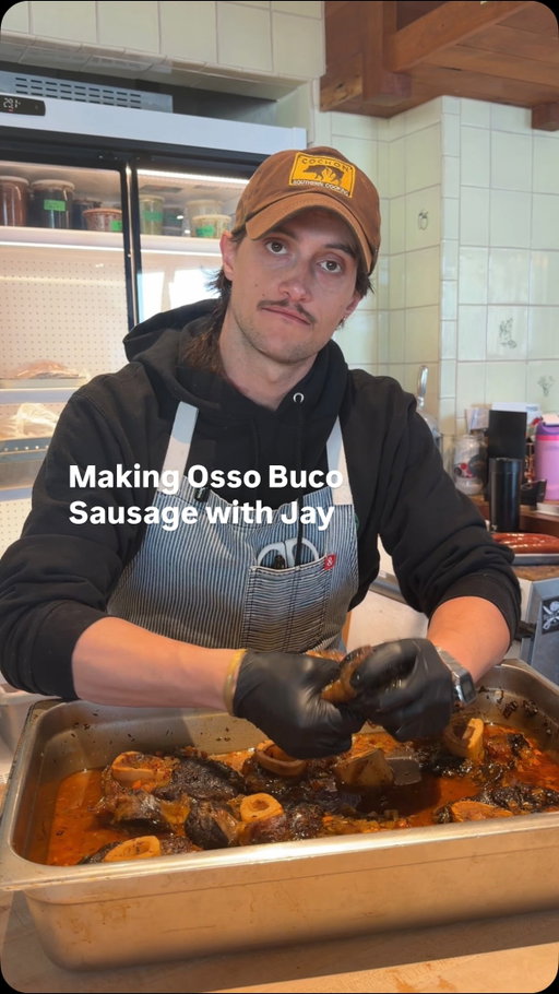This week’s sausage special is Osso Buco. It’s the perfect ratio of wagyu ground beef, rich braised osso buco, house-made beef demi, and rendered bone marrow, seasoned with garlic, red chili flake, nutmeg, thyme, and rosemary. You can pick it up in the shop while supplies last.