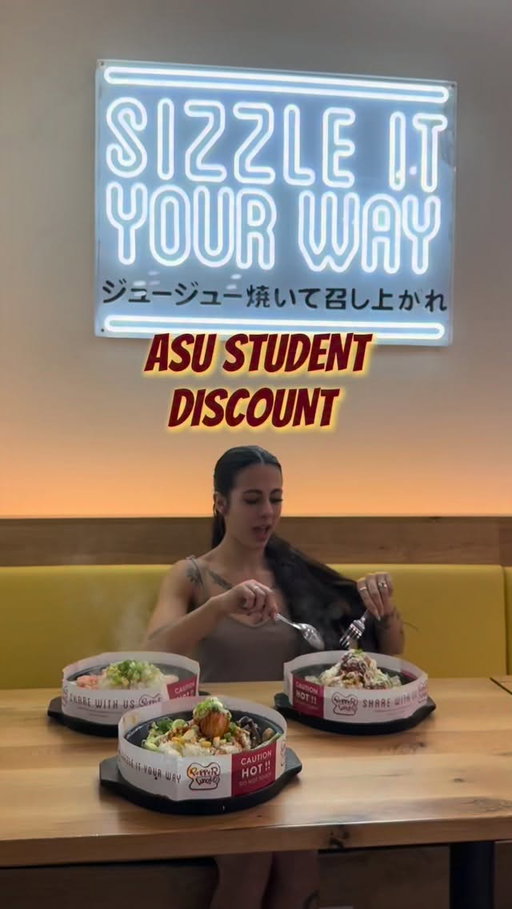 ASU DISCOUNT 🥘 on sizzling hot plates originating from Tokyo! This is a fast, filling and nutritious meal you’re going to want to know about! I’m back at Pepper Lunch #ad and here’s the NEW deals they have going on:
👉🏼Kimchi Sundays: BOGO Kimchi Beef Pepper Rice
👉🏼Tofu Tuesdays: BOGO Tofu Pepper Rice
👉🏼ASU students receive 15% off with a valid student ID (all-time) 🤑 
Open to the public and to ASU students on campus, these deals are basically a TWO FOR ONE free meal so you can have lunch & dinner to take to class or for you & a friend to share. 😋 Here’s what I picked to order!
🍚 Kimchi Tofu Pepper Rice
🍗 Kimchi Chicken Pepper Rice
🥩 Beef Sizzling Curry (FAVE)
🦐 Salmon and Shrimp Pepper Rice Combo (FAVE)
🥤 Stubborn Cream Soda (vanilla)
🥤 Tractor Mandarin Cardamom (tea)
Your food arrives in a sizzling hot plate and you will stir it up to cook it to perfection whether you like it more medium rare or well done, etc. Everything was absolutely divine and savory, these huge crave-worthy portions are a great affordable price. 💰 LET ME KNOW, have you been to a Pepper Lunch location before? Will you be checking out this teppanyaki restaurant? 🤤 
This location: 📍947 S Mill Ave, Suite 107, Tempe, AZ 85281
•
#phoenixarizona #azfoodie #asu #teppanyaki