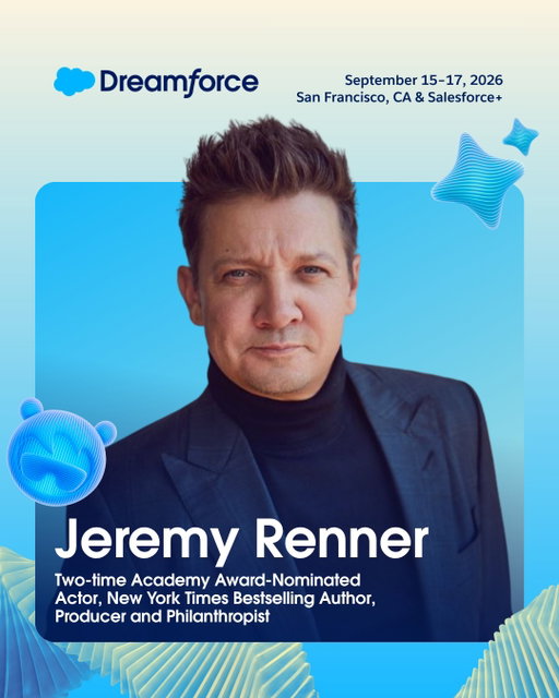 Blockbuster stardom. A near-fatal accident. A new sense of purpose.

@JeremyRenner is coming to @Dreamforce to share his journey of resilience, recovery, and giving back through @OfficialRennerVationFoundation, which supports children in foster care and at-risk youth.

Join us in San Francisco, or tune in free on Salesforce+