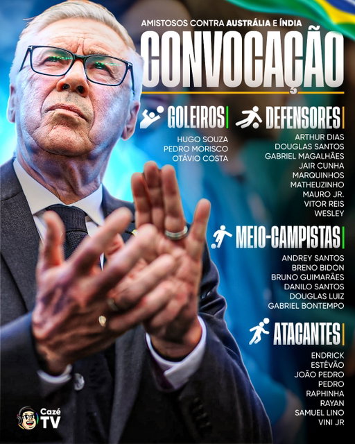 🇧🇷🇧🇷🇧🇷 RUMO A 2030!!! ESTA É A PRIMEIRA CONVOCAÇÃO DE CARLO ANCELOTTI PARA O NOVO CICLO DA SELEÇÃO BRASILEIRA! CURTIU? 👀💚💛

#CoberturaCazéTV #SeleçãoBrasileira #FutBr #cztv08