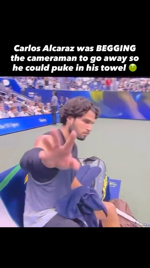Carlos Alcaraz was DESPERATE for the cameraman to leave him alone so he could puke in his towel 🤢

Carlos Alcaraz appeared to vomit into his towel during his brutal 2026 US Open quarterfinal against Ben Shelton and then somehow went back out there and fought through the fifth set.

The defending US Open champion battled through a 4-hour, 28-minute tennis marathon that didn’t end until 3:33 AM before Shelton pulled off the massive upset. 😳

Alcaraz was THAT close to pulling off a successful puke and rally.