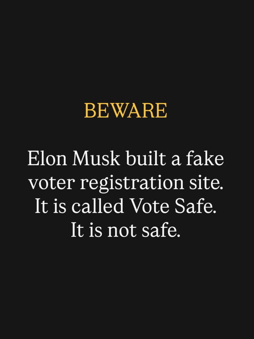Comment VOTE and I’ll dm you a link to a legit place to check voter registration. Elon Musk is spending millions pushing people to a site called Vote Safe. It is run by his super PAC, it is not a government site, and it does not check the real records. It pulls from America PAC’s own voter list, so it can hand you a wrong answer with a confident face.

Judd Legum at Popular Information reported this week that the privacy policy was rewritten last month so they can share or sell what you type in.The goal is chaos and confusion. You do not have to make people believe a lie. You only have to make them believe that nothing is knowable, and a public that has given up on the truth will hand the keys to whoever promises to clean up the mess.

Check with your county clerk. Vote.org, Vote411.org, and BallotReady are good too. Share with three friends and follow for more.