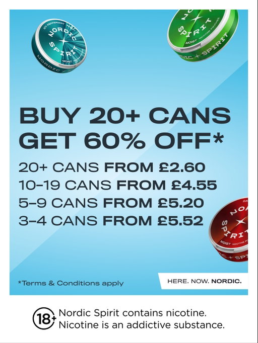 ☀️ Things are heating up with our latest summer offer ☀️

Cans from only £2.60 each when you buy 20 cans or more - that’s an amazing 60% off! Visit the link in our bio to shop your favourite flavours now.
 
T&Cs apply. Subject to availability. Offer ends 07/10/26.

18+ Contains Nicotine. Nicotine is an addictive substance.

#NordicSpirit #TobaccoFreeNicotine #NicotinePouches #HereNowNordic