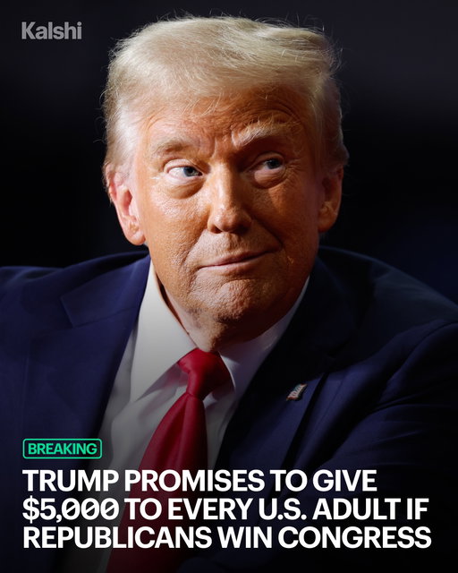 Trump is promising a $5,000 “dividend” to every U.S. adult if Republicans win both chambers of Congress. 

Traders currently give the GOP a 16% chance of winning both the House and Senate.