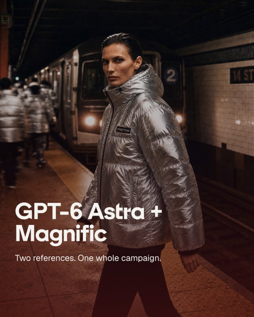 Comment “FRICTION” and we’ll send you Astra in your own setup

GPT-6 Astra is now on Magnific

We gave it two reference images. It came back with a campaign: a 15-second video in multiple formats, a four-frame ready carousel, and a full brand world for FRICTION

FRICTION doesn’t exist. The campaign is finished