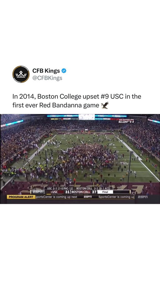 In 2014, Boston College took down #9 USC in the first official Red Bandanna game 🦅

The Red Bandanna game is an annual tradition Boston College has had since 2014 that honors BC alumni Welles Crowther, a firefighter who gave his life while saving 18 people on 9/11.

On 9/11, Crowther was wearing a Red Bandanna over his face to block out smoke, leading the people he saved to refer to him as “The Man in the Red Bandanna.”

Tomorrow night, Boston College hosts Rutgers in the 13th annual Red Bandanna game, on the 25th anniversary of 9/11, at 7:30pm ET on ESPN2.

(👉 Follow @cfbkings for more)