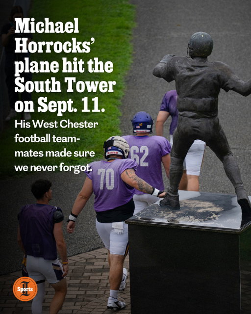 On the northwest corner of West Chester’s Farrell Stadium, at the base of a hill, stands a bronze likeness of a quarterback.⁠
⁠
The man was Michael Horrocks, Class of 1985. Back then, he was known for his goofy personality. He’d later been a copilot of Flight 175, the plane that hit the South Tower on Sept. 11, 2001.⁠
⁠
When former teammates John Mininno and Tom Schafer heard the news, they were distraught.⁠
⁠
Years passed, and Schafer began to coach high school football throughout the region. Some of his players joined West Chester’s program. None knew Horrocks. Not of his tragic place in history, or of his greatest moment on the field, when he led the Golden Rams to an upset win over Delaware in 1983.⁠
⁠
So Schafer and his teammates came up with a plan to ensure Horrocks’ presence would be felt for years to come. From 2008 to 2010, the West Chester alums raised $150,000 for a scholarship endowment and a statue to commemorate him.⁠
⁠
“We want this to be a legacy,” Former teammate John Mininno said. “We want this to be here for much longer than we’re going to be around.”⁠
⁠
Read on at the link in @phillyinqsports' bio.⁠
⁠
📝 by @byalexcoffey / Staff⁠
📸 by @jomoreno007 / Staff; Courtesy of @wcuofpa