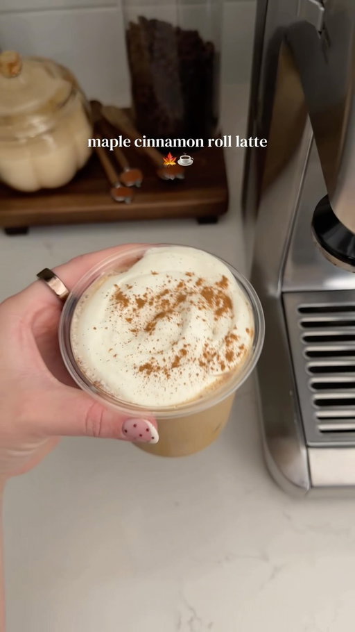 This truly tasted like a cinnamon roll and I loved it 🤎 maple cinnamon roll latte
-1/2 tbsp brown sugar
-1/2tbsp maple butter
-2 shots espresso 
-5 ounces whole milk 
give it a good shake with some ice

to a fresh cup with ice, drizzle some maple syrup and sprinkle some cinnamon and pour the latte over it. 
cinnamon roll whipped foam
-1 heaping tbsp cream cheese
-4 tbsp heavy cream
-1 tbsp powdered sugar
-splash of vanilla bean paste 
blend till nice and thicc #cinnamonroll #cinnamonlatte #icedlatté #maplebutter #whippedmaplebutter @breville @magnolia @tossware @target