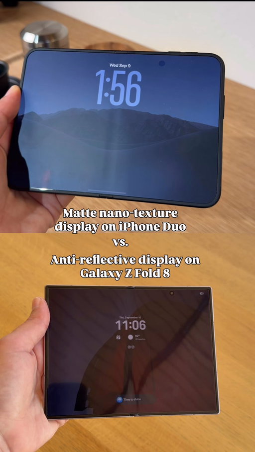 Apple’s and Samsung’s foldables both have displays that are designed to reduce reflections and crease visibility. While you can still spot those things under certain lighting conditions, the crease virtually disappears while using the phones. #apple #foldable #iphoneduo #allthingsmobile #samsung