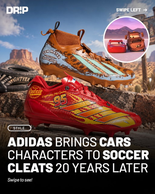adidas has teamed up with Disney and Pixar for a special Cars football cleat collection celebrating the film’s 20th anniversary. The release includes two Adizero models inspired by Lightning McQueen and Mater.

The Lightning McQueen Adizero Electric II uses his signature red and yellow color scheme, No. 95 graphics, Rust-eze branding and racing details, while Mater’s Adizero Impact II Mid recreates his weathered tow truck look with rust tones, teal accents and character details on the tongue. The pairs retail for $130 and $110. Y’all copping?
