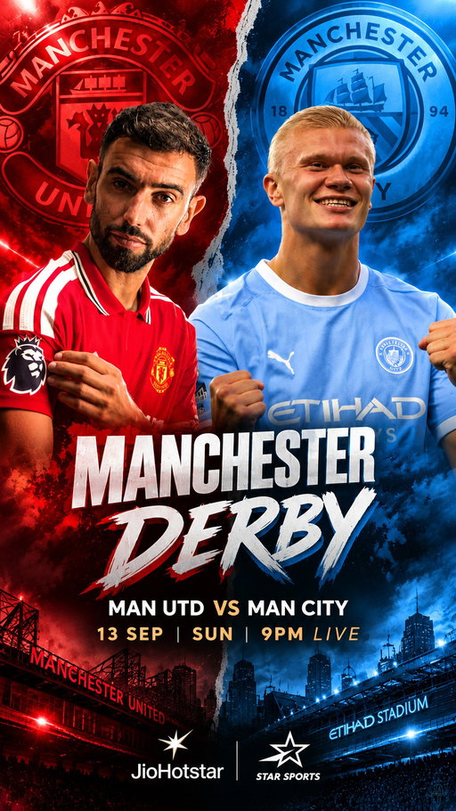 Red vs Blue. Manchester Derby. One rivalry that couldn’t get any bigger! 🔴🔵🔥

The passion. The drama. The bragging rights! Get ready for the Manchester Derby as Manchester United take on Manchester City at Old Trafford, LIVE on Sun, 13 Sept. ⚽🔥

Catch all the #PremierLeague action on Star Sports & JioHotstar! | #PLonJioStar
