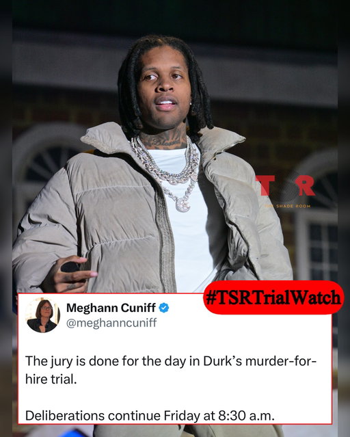 #TSRTrialWatch: The second day of jury deliberations in #LilDurk’s murder-for-hire trial has concluded, but the jury has not yet reached a verdict. Reports indicate that the jurors left early today, and deliberations will continue tomorrow morning as the courtroom awaits their decision. (📸: @gettyimages) ✍️🏽: #TSRStaffKH ✍🏾:#TSRStaffJR