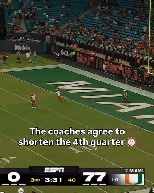 With Miami leading 77-0 in the third, the coaches agreed to shorten the 4th quarter to 10 minutes.