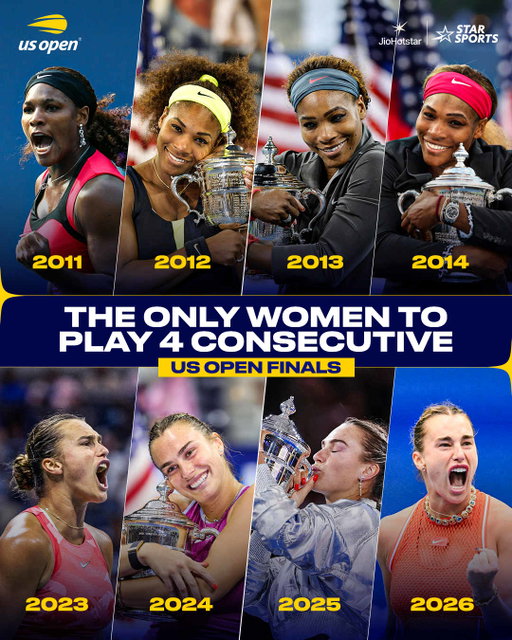 Aryna Sabalenka becomes the first woman since Serena Williams to reach four consecutive US Open finals! 🙌

Will she make it 3 US Open titles in a row? 🤔

Watch her play the #USOpen 2026 final LIVE on Star Sports and JioHotstar