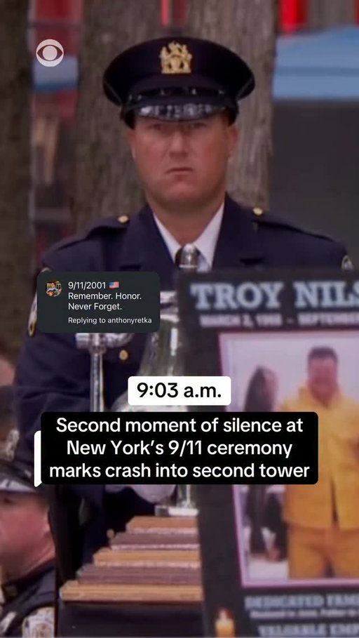 The second moment of silence at 9:03 a.m. marks when hijackers crashed United Airlines Flight 175 into the South Tower of the World Trade Center in New York City on 9/11. #neverforget