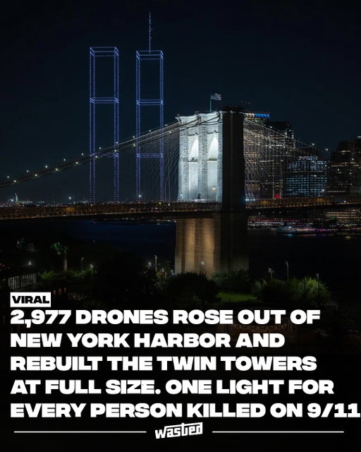 New York Harbor was illuminated with 2,977 lights, each representing a life lost on September 11, 2001. 🕊️🇺🇸

On September 9, thousands of drones rose into the night sky, first twisting together in a helix before forming a towering recreation of the World Trade Center. The display marked the 25th anniversary of 9/11 and was developed with input from victims’ families, survivors, and first responders.

Retired FDNY firefighter Tim Brown, who lost close friends in the attacks, was among those involved. Three individual lights specifically honored fallen firefighters Chris Blackwell, Terry Hatton, and Michael Lynch.

At the end of the tribute, the illuminated towers slowly separated, returning to 2,977 individual points of light.