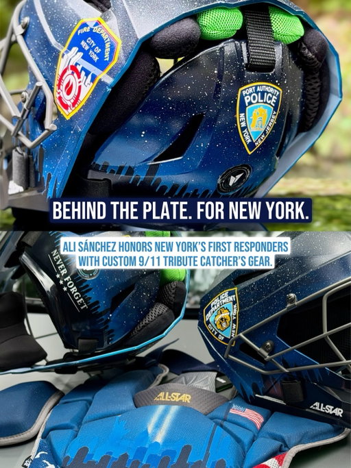 For tonight’s game, @alisanchez20 will take the field in custom 9/11 tribute catcher’s gear honoring the heroes and first responders of September 11th.

The design features the New York skyline, FDNY, NYPD & Port Authority Police, along with a red bandana honoring Welles Remy Crowther — “The Man in the Red Bandana” — who gave his life while helping others escape the South Tower.

Never Forget. 🇺🇸 9.11.01