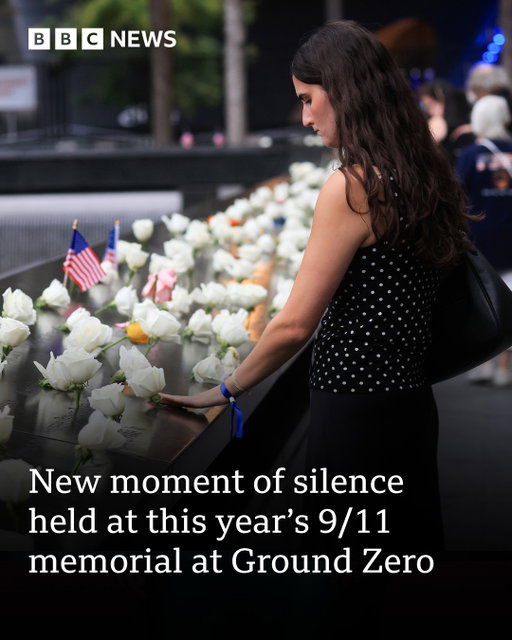 Every year on 11 September, bells ring to commemorate the exact time that each of the four planes crashed, and the exact time that the Twin Towers fell, followed by a moment of silence.
 
This year, a seventh bell rang. Its purpose was to commemorate the thousands who died from diseases including cancer after the attacks.
 
Illnesses related to dust and smoke from the towers' collapse have since claimed more than threefold the nearly 3,000 lives lost in the attacks, US health officials say.
 
Tap the link in @BBCNews’s bio for more on the tributes taking place globally to mark the 25th anniversary of the 9/11 attacks.
 
(📷 Getty)
 
#911 #TwinTowers #BBCNews