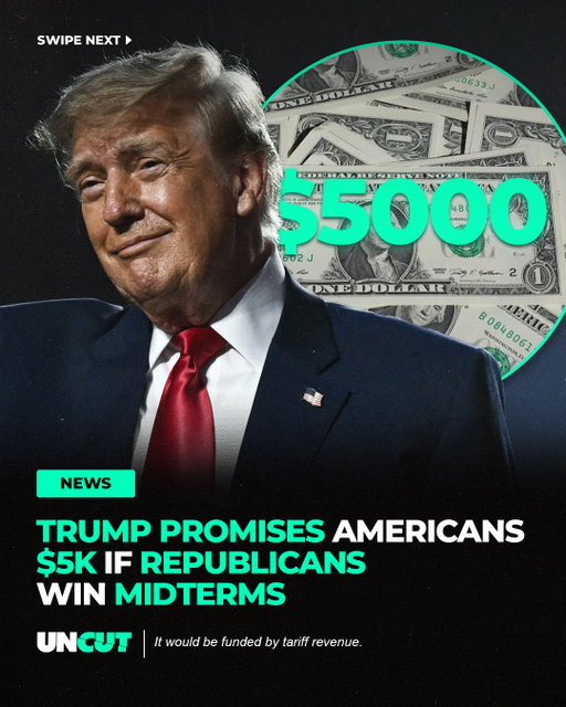 Donald Trump is promising a $5,000 “Trump Dividend” to every adult U.S. citizen if Republicans win both the House and Senate in the midterms 💰⁠
⁠
The proposal could cost around $1.2 trillion, and any payout would still need congressional approval before Americans actually receive the money 🏛️ ⁠
⁠
What do y’all think⁉️👀