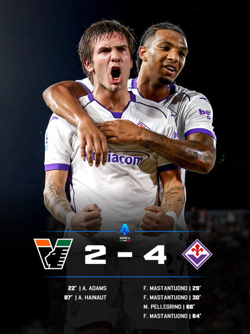 𝐌𝐀𝐒𝐓𝐀𝐍𝐓𝐔𝐎𝐍𝐎 𝐇𝐀𝐓-𝐓𝐑𝐈𝐂𝐊 𝐒𝐇𝐎𝐖! 🎸🇦🇷

Franco Mastantuono has arrived and delivers three goals for Fiorentina, as 𝐘𝐎𝐔𝐍𝐆𝐄𝐒𝐓 ever in club’s history in Serie A ✨

Mateo Pellegrino also scores his second goal for Viola 🟣🔥

𝐅𝐑𝐀𝐍𝐂𝐎 𝐇𝐀𝐒 𝐀𝐑𝐑𝐈𝐕𝐄𝐃. 𝑯𝑬𝑹𝑬 𝑾𝑬 𝑮𝑶. 🤩⚜️