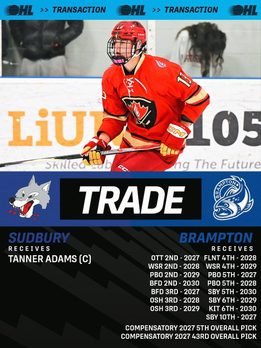 A blockbuster in the Big Nickel 🐺
ㅤ
The @Sudburywolvesohl have acquired 2026 third overall pick Tanner Adams from the @OHLSteelheads in exchange for 15 draft picks.