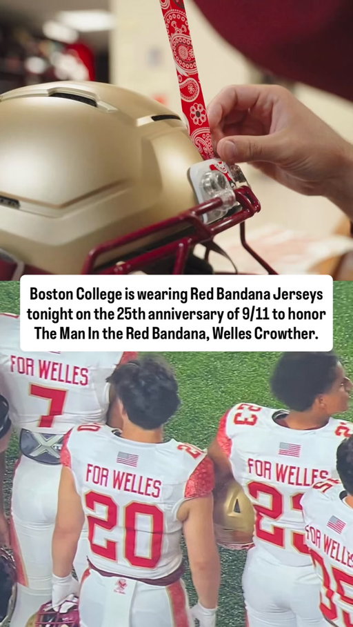 Boston College is playing its annual “Red Bandana Game” to honor Welles Crowther, the former BC lacrosse player who lost his life in the 9/11 attacks after saving more than a dozen others.