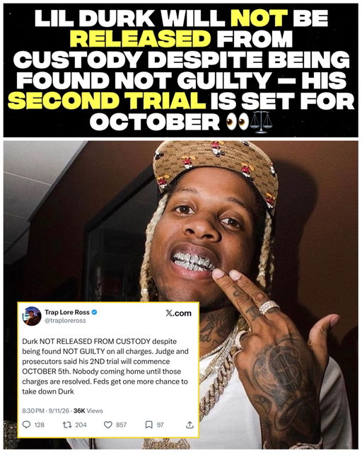 Despite Being Found Not Guilty On All Charges In His First Trial, Lil Durk Will Reportedly Remain In Custody As He Prepares For A Second Trial Set For October 5th 👀⚖️ Y’all Think Durk Comes Home After This One? 🙏🏽

#LilDurk #OTF #HipHop #Rap #trending