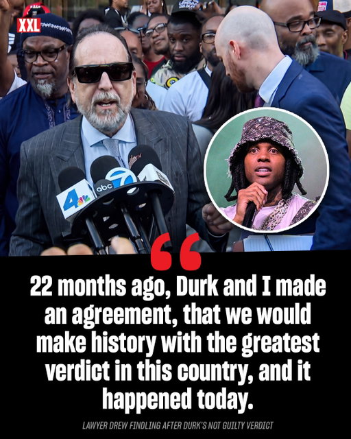 Lil Durk’s lawyer Drew Findling speaks at a press conference outside the courthouse after he was found not guilty on all counts in his federal murder-for-hire case.

“22 months ago, Durk and I made an agreement that we would make history with the greatest verdict in this country, and it happened today.” Findling said.