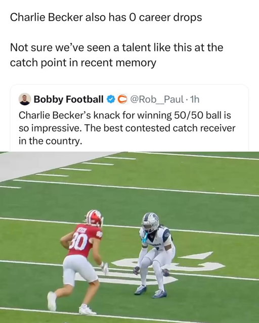 The projected first-round pick has a career 78.9% contested catch rate at Indiana 😳

Charlie Becker’s rise at Indiana is one of those quiet development stories that’s paying off big time now. He barely saw the field as a freshman on special teams, but by 2025 he was stepping up in huge moments, dropping a 118-yard, seven-catch performance at Penn State when the Hoosiers needed him most with their top receiver banged up.

That breakout wasn’t a fluke either, he backed it up with a 126-yard game against Ohio State and clutch touchdown grabs that helped Indiana run all the way to a national title appearance. From special teams depth piece to a legit weapon in Fernando Mendoza’s offense, Becker’s turned himself into one of the more underrated success stories in college football.

Does Becker take another leap as Indiana’s top target this season?