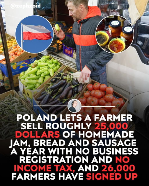In Poland, a farmer can sell homemade jam, bread or sausage directly to customers, no business registration required, if one ingredient comes from their own land.

Since 2022, the tax free ceiling on that income roughly doubled to about one hundred thousand zloty, taxed at a flat two percent above it.

Plant based goods can be sold anywhere in the country with no cap on quantity.

Roughly twenty six thousand farms now operate this way, keeping the processing and the profit on the farm.