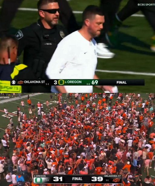 A lot can change in a year 🥹

In Week 2 last year, Oklahoma State lost 69-3 to #6 Oregon. In Week 2 this year, Oklahoma State beat #6 Oregon 39-31.

Oklahoma State’s fanbase deserves this victory so much after the past couple seasons, especially the ones that stayed in the stadium and formed the original shirtless section last year when they went winless against FBS opponents.

From being a punching bag as one of the worst teams in College Football, to earning one of the biggest victories in recent CFB history.

Today’s win was also significant in the fact that they defended their now 31-year streak of winning home openers (the longest in the FBS).

✅ Snapped 12-game losing streak
✅ Snapped 21-game losing streak vs. FBS
✅ Protected 31-year streak of home opener Ws
✅ Became first FBS team ever to snap a 10+ game losing streak by beating a Top 10 team