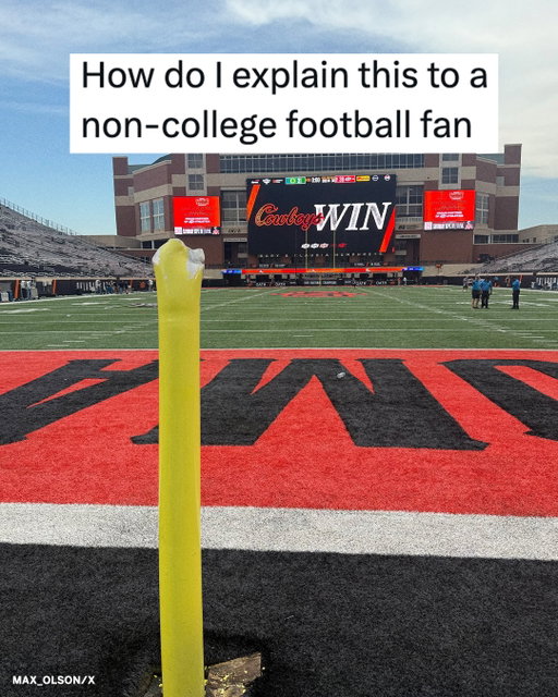 All that remains of the goal post after Oklahoma State upset No. 6 Oregon 😂 (via max.olson/x)