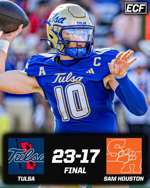 Tulsa SURVIVES at Sam Houston and should absolutely be ranked in the next AP Top 25 Poll 👀

The Golden Hurricanes defeated Oklahoma State in Week 1, who upset #6 Oregon earlier today… 

Thoughts? ⬇️