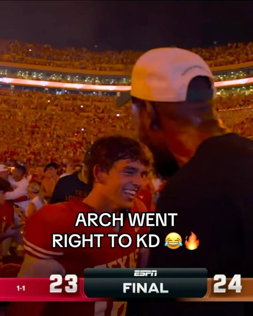 ARCH MANNING FOUND KEVIN DURANT IMMEDIATELY AFTER TEXAS’ COMEBACK WIN 😭