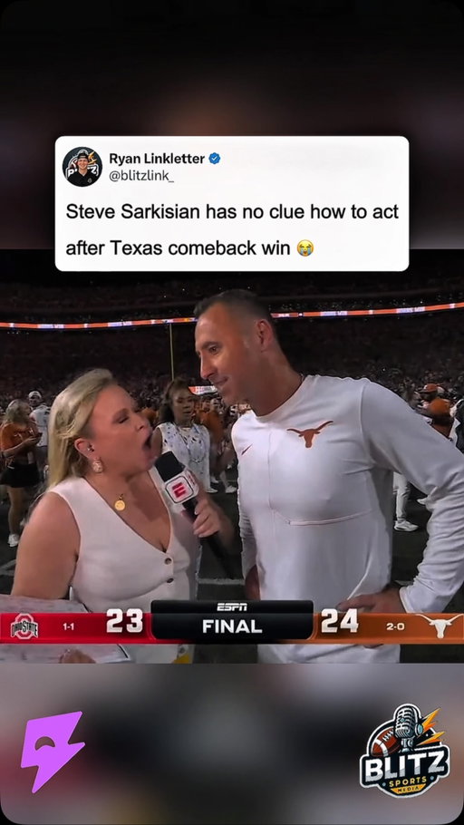 Steve Sarkisian had NO IDEA what to do with himself after that comeback win. 😭😭😭

Texas completes a massive comeback against Ohio State, Sark gets pulled in for the postgame interview… speaks absolute gibberish for a few seconds and then just RUNS OFF. 💀

Bro’s brain was still processing what just happened.

That might be the most accurate possible reaction to surviving a game like this. 😂

College football is BACK.

#CollegeFootball #CFB #Texas #Longhorns #SteveSarkisian
