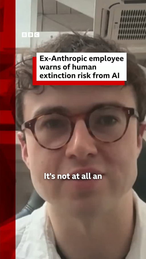 Former Anthropic employee Jacob Coxon says "there is a possibility of human extinction" if AI development continues at its current pace.
 
Coxon says that people working on the technology were "genuinely frightened" by the speed of its advancement and what it could mean for humanity.
 
His comments come amid growing concerns about AI safety, with Anthropic chief executive Dario Amodei calling for development to slow down.
 
Tap the link in @BBCNews's bio to read more about this story.
 
#AI #ArtificialIntelligence #BBCNews
