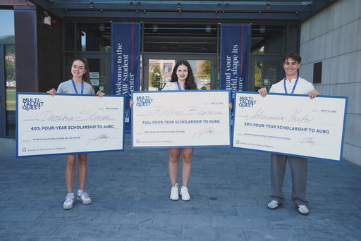 Congratulations to the winners of the AUBG MultiTalent Quest 2026!

While all participants impressed us throughout the weekend, three students stood out with their exceptional performance and earned the big prize: scholarships to study at the American University in Bulgaria.

1st place: Kalina Barneva from 1st Language High School, Varna

2nd place: Aleksandar Yosifov from the Technical High School of Electronic Systems (TUES), Sofia

3rd place: Darina Stoeva from Romain Rolland Foreign Language High School, Stara Zagora

Congratulations to Kalina, Aleksandar, and Darina on this outstanding achievement!
