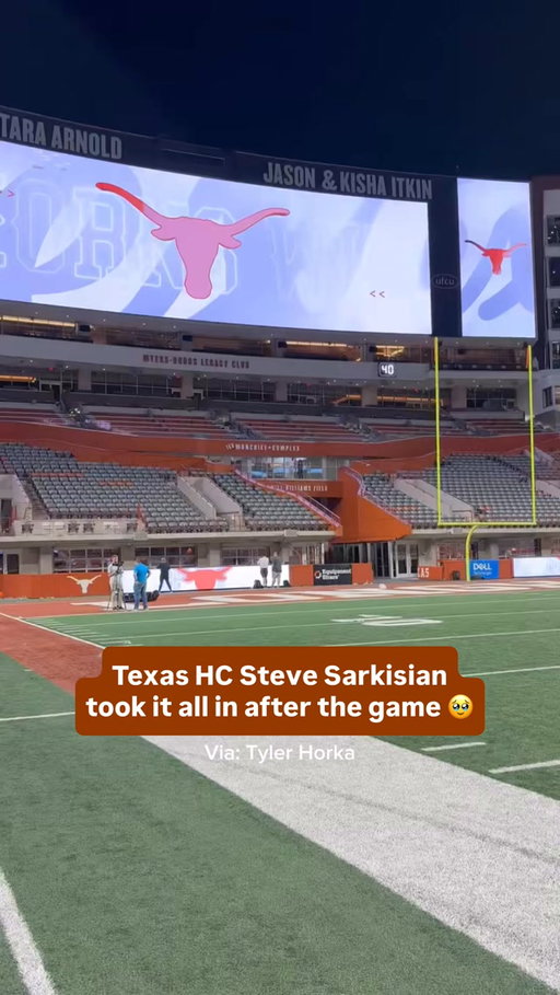 Texas HC Steve Sarkisian took it all in after the Longhorns’ win 🥹

Steve Sarkisian and his wife, Loreal, shared a moment inside an empty DKR after Texas’ 24-23 win over No. 1 Ohio State on Saturday.

Tyler Horka of Inside Texas/On3 captured the two overlooking the field after the stadium had cleared out, writing, “Real human stuff here. The game means a lot to him and you can tell.”

And what a win it was.

Texas trailed 23-3 entering the fourth quarter before exploding for 21 unanswered points. Arch Manning went 4-for-5 for 48 yards on the Longhorns’ game-winning drive as Texas completed the comeback.

The win marked the first time in 76 years that Texas had defeated the No. 1 team in the country at home.

A night Sarkisian and the Longhorns won’t forget anytime soon. 🤘

🎥: Tyler Borka / Inside Texas / On3

#collegefootball #cfb #cfb26 #cfb25