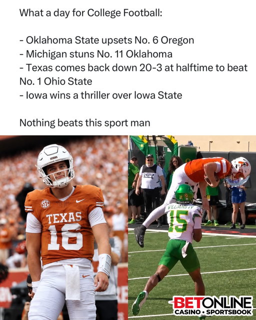 College football don’t give a f**k this season 😭😭😭

What an absolutely ridiculous day of college football. Oklahoma State knocked off No. 6 Oregon, Michigan stunned No. 11 Oklahoma, and Iowa survived another classic against Iowa State. Everywhere you looked, ranked teams were either going down or fighting for their lives, and it felt like something crazy was happening every five minutes.

Then Texas somehow topped all of it. Down 20-3 at halftime against No. 1 Ohio State, the Longhorns came storming all the way back to win 24-23. A 17-point halftime deficit against the No. 1 team in the country looked like it was over, and instead Texas gave us one of those comebacks people are going to remember for a long time.

This is exactly why nothing beats college football. Upsets, rivalries, massive comebacks, packed stadiums and games completely flipping in a matter of minutes. You can spend the entire day watching football and still somehow miss something insane. Saturdays like this are why we wait all offseason for this sport to come back.

Follow US (@jukedly) to stay locked in if you love sports! 🔥