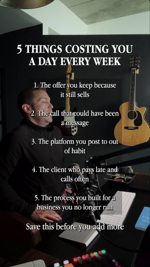 5 things nobody will miss at all 🪶
1. the offer that still sells but no longer fits
2. the call that could be a message
3. the platform you post to out of habit
4. the late paying client
5. the process built for the old business
None of them are broken. That is what makes them hard to cut.

#businesstips #simplifyyourbusiness #coachingbusiness #entrepreneurtips #productivity