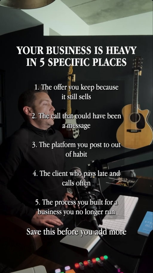 5 things your business can probably live without 🪶

1. The offer that still makes money but no longer makes sense

2. The meeting that should have been a message

3. The platform you keep using because you always have

4. The client who never pays on time

5. The system designed for a version of your business that no longer exists

The tricky part? None of these are necessarily broken.

They’ve just stopped being worth keeping.

#businesstips #simplifyyourbusiness #coachingbusiness #entrepreneurtips #productivity