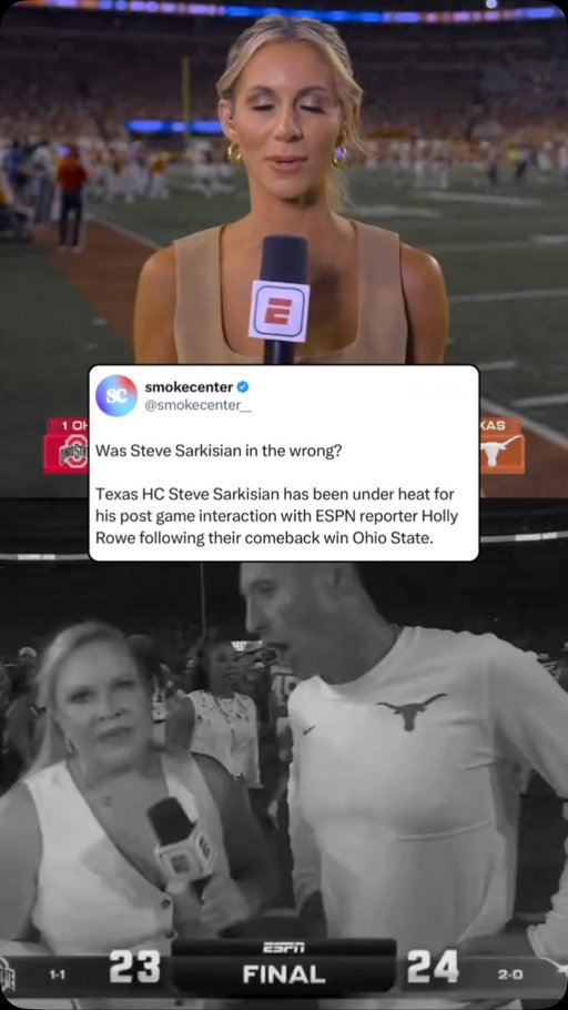 Texas Head Coach Steve Sarkisian has been under some fire following his post game interaction with ESPN reporter Holly Rowe. 

This was following Texas’ historic 4th quarter comeback against number one ranked Ohio State.

ESPN reported Sarkisian skipped the halftime interview after ESPN admitted to having technical difficulties, and apologized for holding Sarkisian for longer than expected before going into the locker room.

Was Sarkisian in the wrong for this?