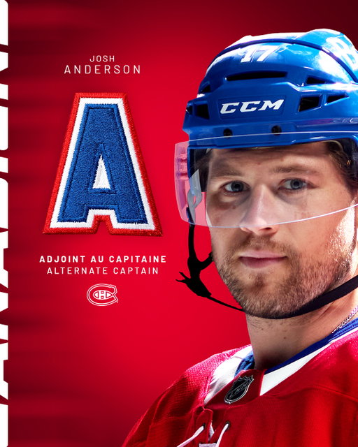 Josh Anderson sera désormais adjoint au capitaine Nick Suzuki, en plus de Mike Matheson

Josh Anderson will serve as an alternate captain to Nick Suzuki, along with Mike Matheson

#GoHabsGo