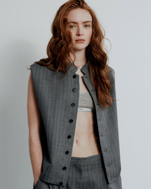 Slouchy tailoring. @sadiesink_ is fitted in Calvin Klein Collection ahead of the New York runway show.   The pinstripe suit.