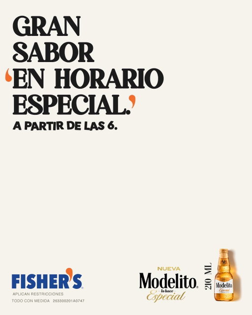 Gran sabor y cuenta al 50%. Después de las 6, en la compra de una Modelito por persona en Fisher’s paga la mitad de la cuenta en alimentos. 🍺🤏🏻 #ModelitoLoHaceEspecial