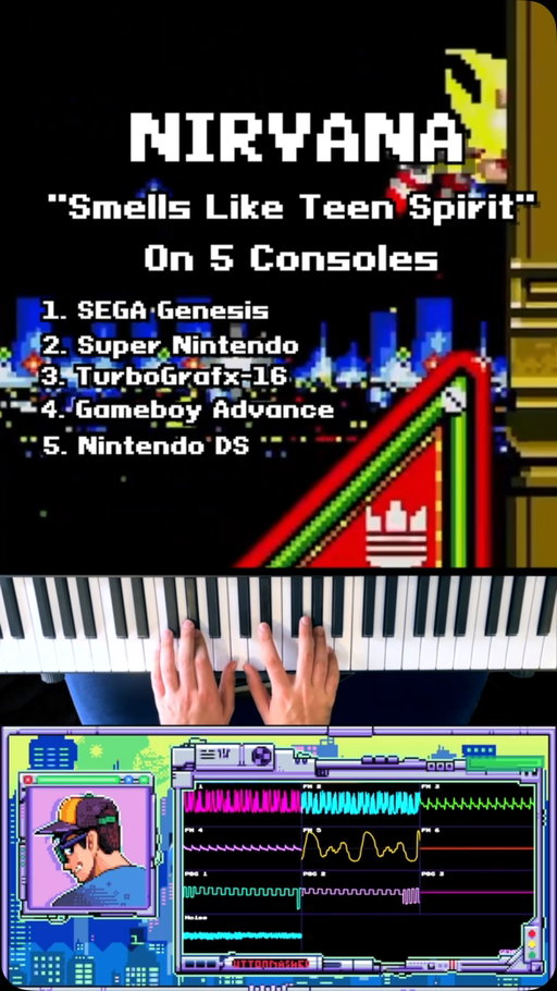Smells Like Teen Spirit on 5 consoles: Sega Genesis → Super Nintendo → TurboGrafx-16 → Game Boy Advance → Nintendo DS. Every sound is the real chip. The SNES verse is the Link to the Past flute run through Secret of Mana’s echo.

🎟 LA — this Wednesday, Sept 16, Moroccan Lounge. Then Europe in October. Tickets in bio.

#nirvana #smellsliketeenspirit #chiptune #videogamemusic #vgm