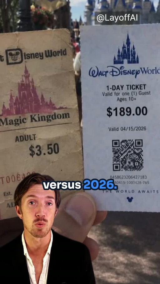A 1971 Disney ticket cost $3.50. A 2026 ticket runs $189. But once you factor in what that old ticket actually included, the real inflation story is different than it looks.
ㅤ
Video contains content from X users: @LayoffAI, @ManufacturingIntelliect, @themepark101. $DIS.
ㅤ
#Disney #DisneyWorld #Inflation #MagicKingdom #ThenVsNow