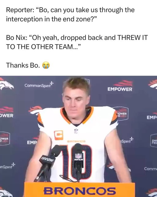 An ALL-TIME answer from Bo Nix 💀

The Chiefs opened the 2026 season with a 31-10 win over the Broncos at Arrowhead on Monday night. Patrick Mahomes returned from his season-ending knee injury, and the attention quickly shifted to Kenneth Walker III, who signed with Kansas City in free agency… he rushed for 173 yards, added 18 receiving yards, and scored twice. Mahomes found the end zone first himself, showing off his mobility early despite the knee coming back from injury. Kansas City heads into Week 2 hosting the Colts, while Denver looks to bounce back at home against Jacksonville.

*this clip is from 2024 but it fit too well not to post*

(@_mlfootball/x)